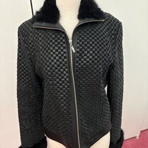 Braided, Leather Jacket with Rabbit Trim on Collar and Cuffs -- Large